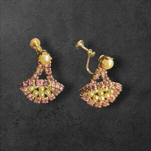 Vintage Screw Back Earrings With Pink & Cream Rhinestones Estate Dangle